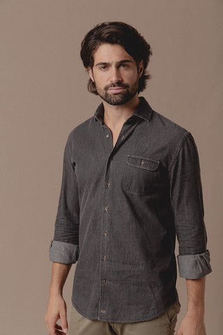 Camisa Vaquera Rock Un Bolsillo Gris Oscuro - Sohhan